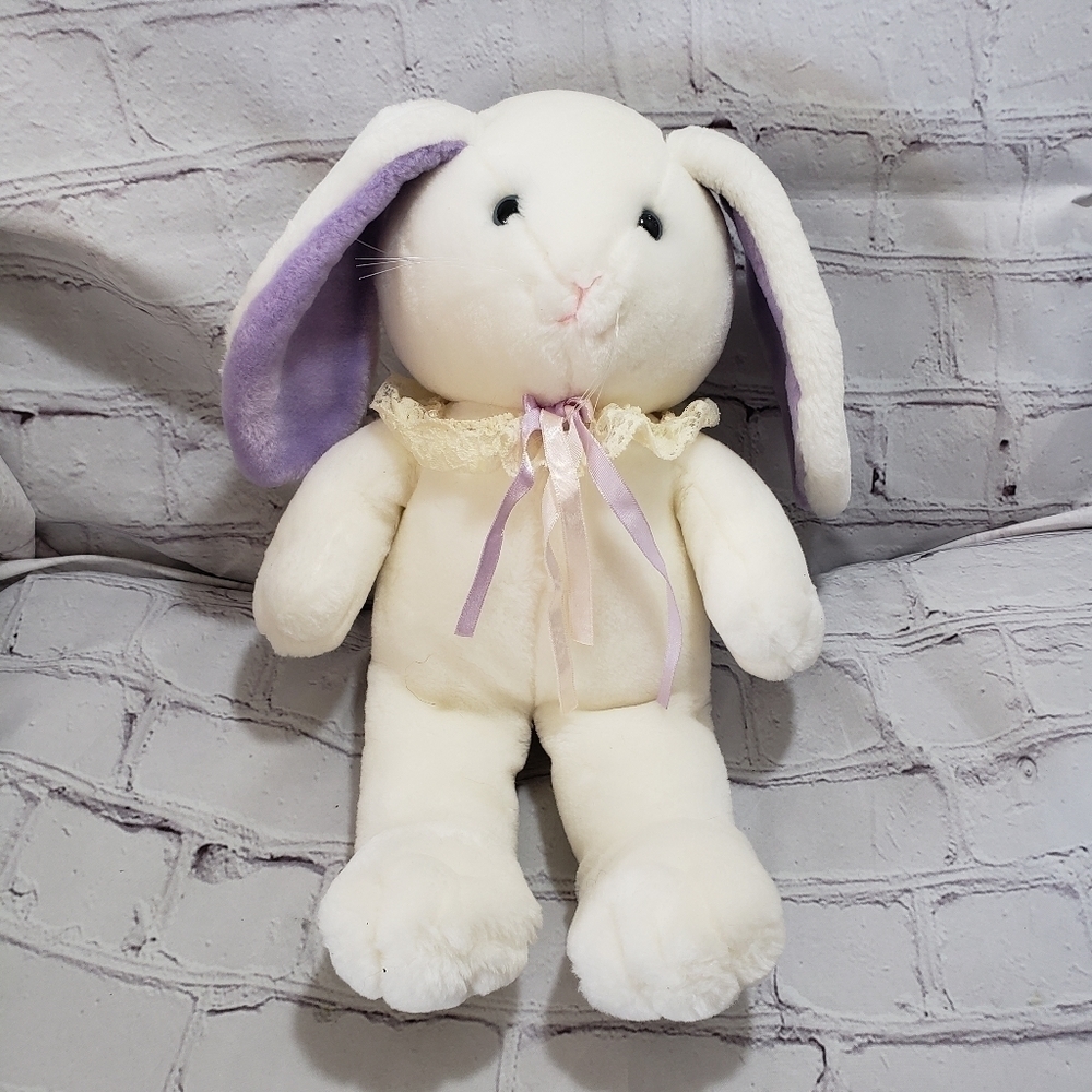 Vintage Dakin White Rabbit Bunny Plush 12" Purple Ears Lace Collar Year 1987